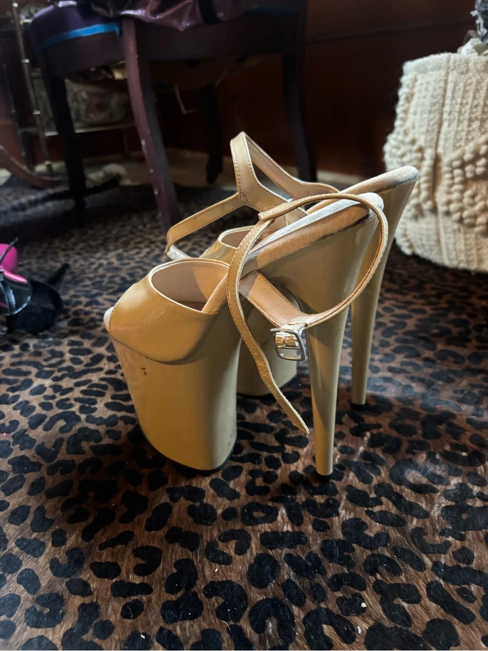 Pleaser Nude Patent Platform High Heel Sandals with Ankle Strap Exotic Dancer